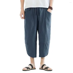 Calças masculinas homens algodão e linho capri verão fino casual praia solta shorts harajuku hip hop samurai calça