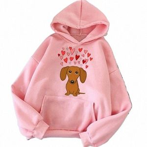 Söt Dachshund Dog Love Carto Print Plus Size Hoodie Women Sweatshirts Harajuku Kawaii Winter Warm Female Pullover Streetwear 26BB#