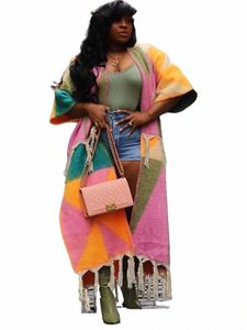 Malha Tassel Cor Patchwork Batwing Meia Manga Open Stitch Oversize Sweater Cardigan Casacos Mulheres Africano Streetwear Lg Jacket T6bE #