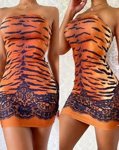 Casual Dresses Female Fashion Tiger Lace Print Sexy Bandeau Bodycon Dress Temperament Commuting Summer Women's Skinny Mini