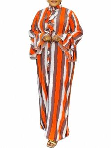 Plus vonda elegancka maxi Dr Kobiet Stripe Printed Bohemian LG Flare Rleeve Sundr Stand Colur Casual Ruffle Vestido L4U2#