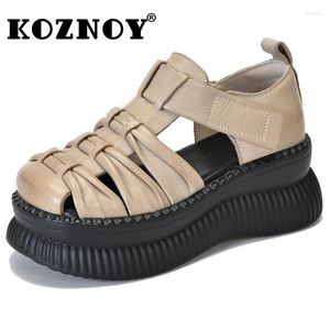 Sandaler Koznoy 7cm 2024 Etnisk plattform kil sommar runt våren grunt mary jane höstskor kvinnor ko äkta läder damer lyx