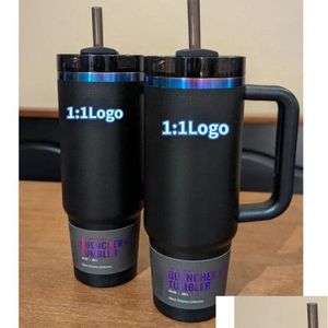 Tumblers New Design Black Chroma Mug H2.0 40Oz Stainless Steel With St Sile Handle Car Tumbler Water Bottle Drop Delivery Home Garden Dhukl