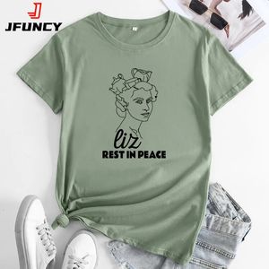 JFUncy Womens Tees Tops minnesminnes Drottning Print grafik T -shirt överdimensionerad kvinnlig bomullstshirt Kort ärmkvinnor Tshirts 240329