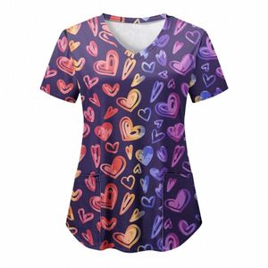 Dia dos Namorados Enfermeira Uniforme Mulheres Coração Love Print Medical Scrubs Trabalhando Manga Curta Uniforme Blusa Scrubs Nursing Working u0uo #