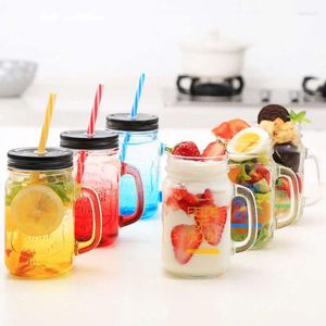 Wine Glasses Gradient Blue Letter Glass Cup Mason Jar Mug With Lid&straw Creative Ice Cream Fruit Cold Drinking Smoothie Coffee Cupgift