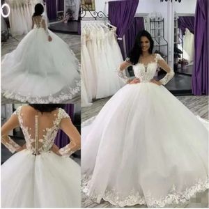 Aso Ebi Lange Ärmel Ballkleid Dubai Brautkleider Sheer Rundhalsausschnitt Spitze Applikationen Perlen Vestios De Novia Brautkleider mit Knöpfen BA