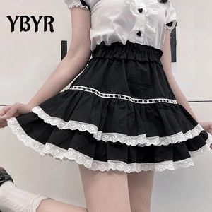 Lolita Women Mini Skirts Sexy Lace High Waist A-line Black Pleated Skirt School Girls Hem Cute Streetwear Harakuju 240315