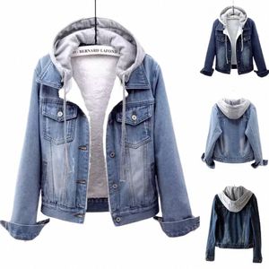 Koreanische Version von Denim Plus Veet Jacke Einfarbig Fi Abnehmbare Kapuze Fleece Warme Lammwolle Cott-gepolsterte Jacke 90gw #