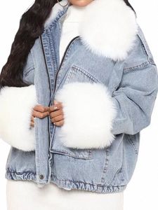 Mulheres gola de pele denim casaco manga peluda inverno jeans jeacket streetwear vintage casaco fi denim zíper outerwear 2024 q5mU #
