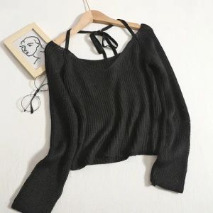 Womens Sweaters Wdmsna Y V-Neck Halter Lace Up Sweater Long Sleeve Knitted 2023 Autumn Slim Sueter Mujer Crop Top Women Drop Delivery Otr0C