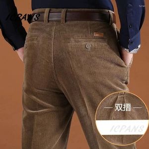 Calças masculinas duplas plissadas corduroy homens reto grosso quente outono inverno calças para homens tamanho grande 40 42 44 46