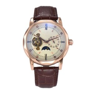 Labor Home Fully Automatic Mechanical Men's Belt Lunar Phase Master Timing Hollow Six Needle Watch