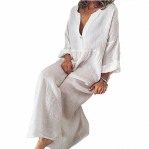 Cott Lino Lg Dr per le donne 2023 Estate Pure Color Casual Camicia a maniche corte Dr Beach Abbigliamento femminile Y2K Vestido Robe 10kF #