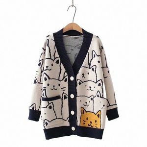 Kvinnor Jacquard Cat Loose Cardigan 2023 Fall Winter New in Korean Fi Knit Tröja Tops With Pocket Carto Pattern Y1C4#