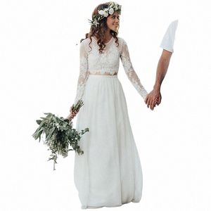 two Piece Wedding Dr 2020 O-Neck Lg Sleeves Lace Wedding Gown Bohemian Summer White Bride Dr vestidos de novia x0FX#