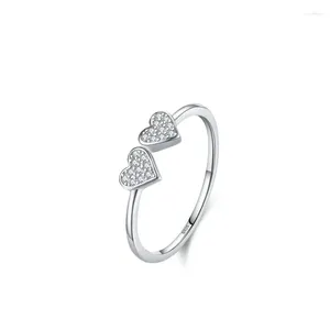 Кольца кластера S925 Серебряное простое двойное сердце сверкающее кольцо с бриллиантом для женщин милый и сладкий стиль тонкой формы