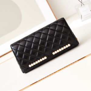 Mirror quality clutch fashion black handbag cute women flap wallet genuine leather pearl clutch shiny Lambskin gold tone coin purse evening bag with full package