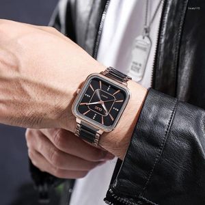 Armbandsur Top Fashion Men Watches Gold Steel Sport Square Digital Analog Big Quartz Watch for Man Relogio Masculino