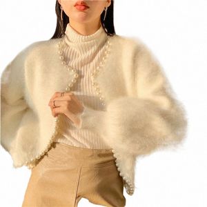 Sweet Lantern Sleeve Mink CMERE Sweater Sticked Cardigan Korean Pärlor 2021 Ny kausal stickkläder öppen söm T6VQ#