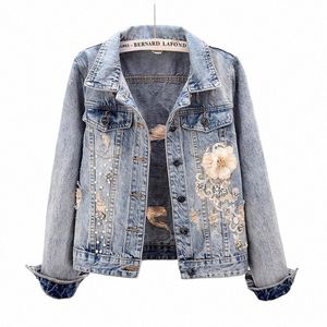 2024 NEW autumn Women Hole Short Denim Coat Lg Sleeve Fi Roose Diamd Cowboy Outwear Vintage Jeans Jacket Memale R352 O7mm＃