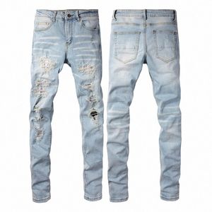 2024 New Blue Skinny Jeans for Men Stretch Slim Fit Ripped Distred Pleated Knee Patch Sticking Drill Denim Pants B2tE#