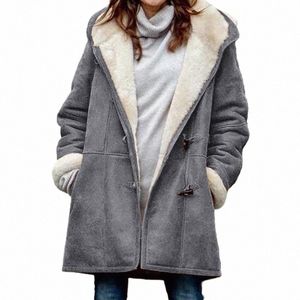 2023 Winter Vintage Women Coat Warm Butt Jackets Thick Fleece Hooded Lg Jacket with Pocket Ladies Outwear Loose Top Trench W3Y9#
