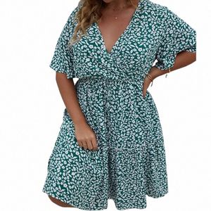 Dr Woman Plus Size 2023 Summer V Neck krótki rękaw kwiatowy nadruk zwyczajny midi dr High talia Chicka plażowa Dres Q5GW#