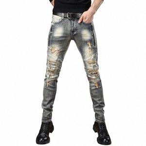 Fi Harajuku Cott uomo di lusso Slim Fit Vintage Jeans strappati Alla moda Skinny Distred Biker Retro Casual Denim Pants Uomo a71J #