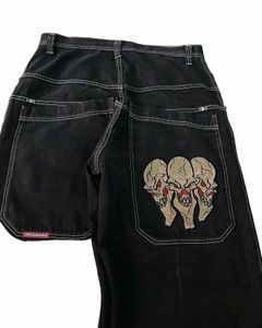 Streetwear JNCO Jeans Y2K Hip Hop Retro Teschio ricamato Jeans larghi Pantaloni neri Mens Punk Rock Pantaloni a gamba larga a vita alta m6PO #