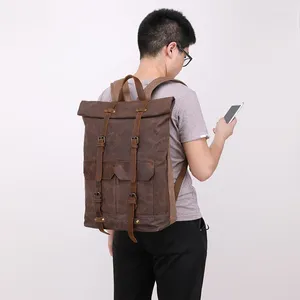 Backpack Nesitu Highend Vintage Grey Coffee Army Green Crazy Horse Leather Canvas 14'' Laptop Women Men Travel Bag M0013