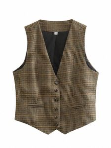 Zevity New Women Vintage v Neck Houndstooth Print Bestoded Slim Short Vest Jacket Ladies Sleevel CasualWaistcoat Tops CT3053 P3LQ＃