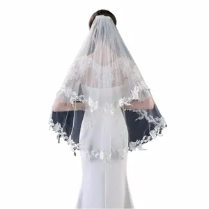 wholesale White Ivory Short Wedding veils Lace Appliques Two Layers Bride Bridal veil 2024 n5bO#