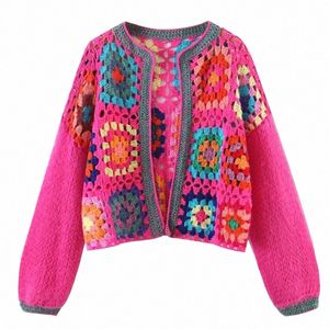 Keyanketian Autumn New Cutout Hook fr Geometric Short Knit Cardigan Women Bohemian Style Soft Handmade Sweaters Tops H56R#