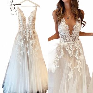 Sexig A-Line Backl Wedding Dr 2024 Vintage Lace Applique pärlstav av vita tyllbröllopsklänningar Trouwjuk LG Bridal Dr Z3hn#