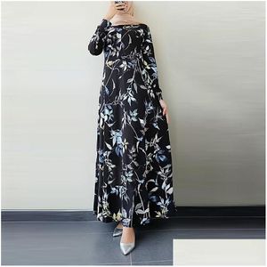 Basic & Casual Dresses Fashion Women Retro Dubai Long Sleeve Floral Printed Hijab Turkey Dress Round Neck Maxi Vestidos Robe Musmang3 Dhseq