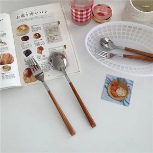 Knives Ins Imitation Wooden Handle Stainless Steel Knife And Fork Dessert Spoon Ice Cream Tableware Steak Pasta Po
