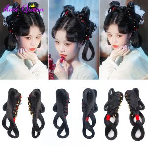 Chignon chinês antigo peruca feminina hanfu perucas cocar fotografia acessório de dança perucas preto para mulheres coque de cabelo integrado franja alta