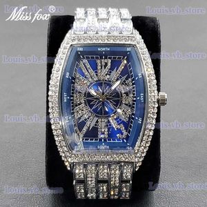 Outros relógios Moda Tonneau Homens es Top Marca Luxo Diamante Hip Hop Azul Pulso Elegante Brilhante Gelado À Prova D 'Água Muller Presente T240329
