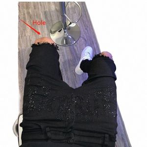 Männer Schwarz Neue Loch Bleistift Hosen Hosen Stretchy Zerrissene Dünne Biker Hot Drill Hohe Qualität Street Punk Mi Zerstört Jeans z5km #