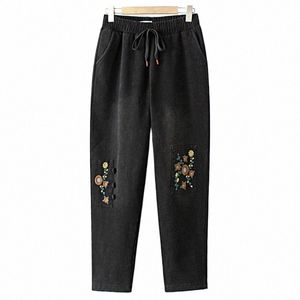 Plus Size Jeans Roupas Femininas Inverno Fleece Forrado Quente Floral Bordado Patch Wed Cintura Alta Stretch Denim Harem Pants t79A #