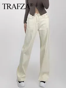 Women's Jeans TRAFZA Fashion Elegant Chic Pocket Buttons Decorate Design Long Female Solid Color High Waist Slim Wide Leg Pants