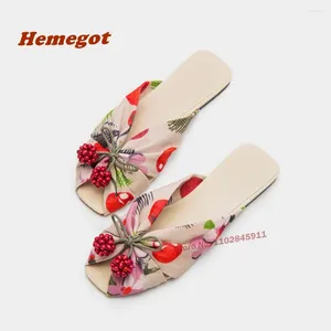 Slippers Fabric Flat Peep Toe Flower Decor Slip On Cut-Out Women's Printed Retro Vacation Summer Mules Beach Shoes Sexy