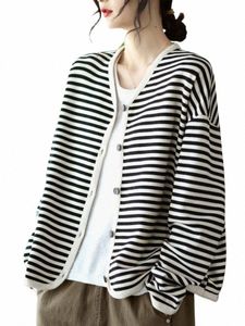 Tröjor Kvinnor FI Knitting Cardigans Stripe Casual V-Neck LG Sleeve Designer Harajuku Daily Single Breasted Tops Z2G0#