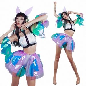 cute Laser Bikini Transparent Colored Skirt Headwear Women Party Gogo Dancer Costume Nightclub Dj Ds Stage Rave Outfit XS6803 P3It#