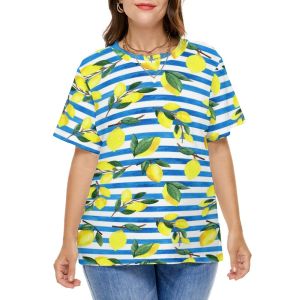 Tops Watercolor Fruit TShirt Lemons On Striped Print Elegant T Shirts Short Sleeve Korean Style Tees Beach Graphic Clothes Plus Size