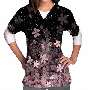 Uniforme de enfermagem Mulheres Uniforme de Trabalho Mulher Roupas Esfrega Top Com Dois Bolsos Floral Impresso Manga Curta Com Decote Em V Blusa Top K6Rn #