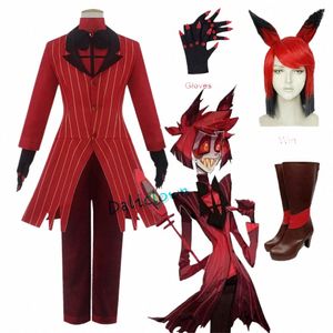 Anime Hazbin Cosplay Hotel ALASTOR Cosplay Halen Partido Uniforme Homens Mulheres Jaqueta Terno Vermelho Peruca Com Orelhas Sapatos Adereços S1LP #