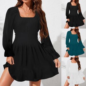 Casual Dresses 2024 Summer Puff Sleeve Dress Women's Long Square Neck frilled Backless Slim Mid Length Chiffon Vestidos