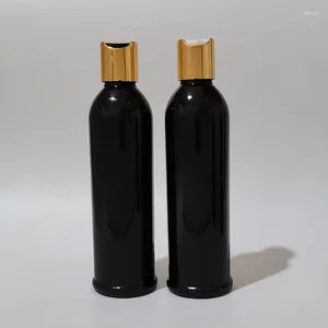 Bottiglie di stoccaggio 30 pezzi 250ml Bottiglia di plastica nera vuota con tappo a disco in argento dorato 250cc PET Olio essenziale Shampoo Gel doccia Imballaggio cosmetico